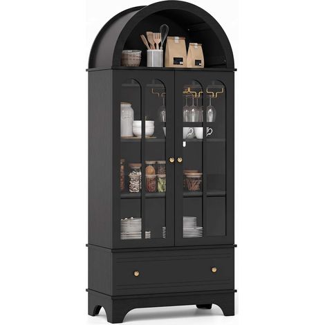 Armoire bar noire à 5 niveaux avec portes en verre trempé, casier à vin et tiroir, pour salon, cuisine et salle à manger