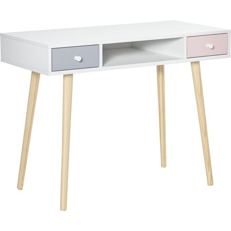 Scrivania per bambini in stile scandinavo con cassetto e vano portaoggetti, 100L x 48W x 76,5H cm, MDF e pino, bianco, grigio e rosa