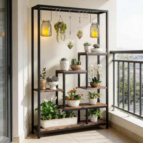 MEUBLIV support pour plantes a 7 etageres avec crochets S, metal et bois, noir et brun rustique (1/5)