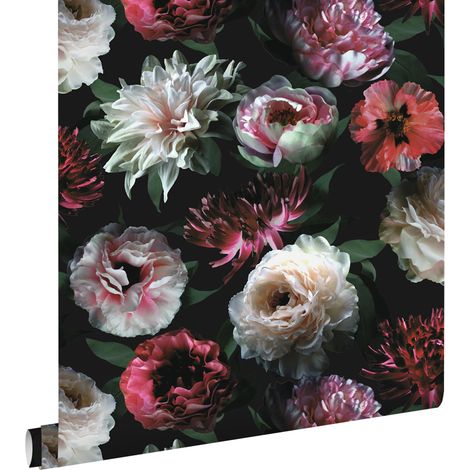 papier peint fleurs rose, noir et vert foncé  - ESTAhome