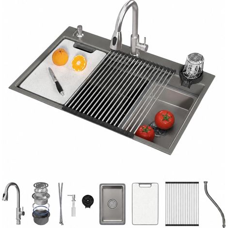 YODOLLA Kitchen Sink, 83x48cm Stainless Steel Single Bowl with Tap Stainless Steel Cutting Board,Wash Basin,Roll-Up Drying Rack,Sloped Design,RaisedDrain Rim,Soap Dispenser,Glass Rinse (1/5)