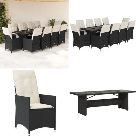 Set da Bistrò da Giardino 11 pz con Cuscini Nero in Polyrattan - Sedie da giardino reclinabili - Tavolo da giardino