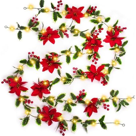 2 pièces Guirlande de Noël de 3 m avec 20 LED, décoration de Noël, guirlandes de houx et de baies de Noël pour l'intérieur, à piles (1/5)