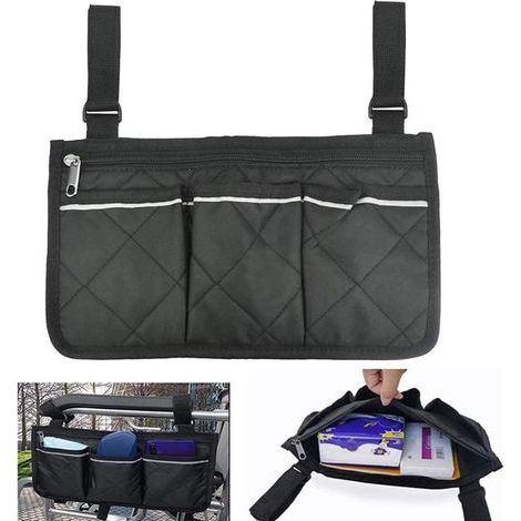 Sac de rangement pour fauteuil roulant avec bande réfléchissante - Noir - Sacoche d'accoudoir pour fauteuil roulant - Sacoche pour scooter de mobilité