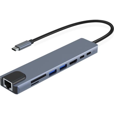 Adaptateur hub USB-C 8 en 1 avec port Ethernet RJ45, port HDMI 4K et port USB 3.0, adapté aux ordinateurs portables. (1/5)