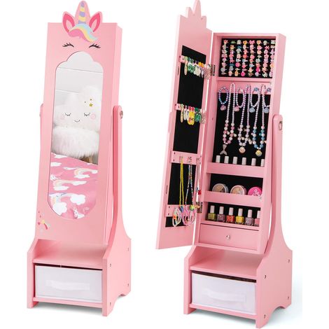 Design 2 en 1 Rose Armoire à Bijoux Enfant avec Miroir sur Pied Inclinable Rangement pour Chambre de Fille (1/5)