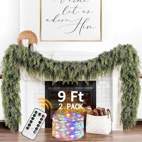Guirlande Noël Cèdre/Pin Artificiel Réaliste 9 Pieds, avec Lumières Intégrées pour Maison Escaliers et Cheminées ENEVAOCT (1/4)