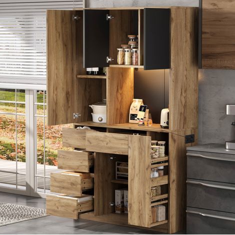 Buffet de cuisine haut 185 x 105 x 40 cm en MDF noir et naturel HAVRYA (1/5)