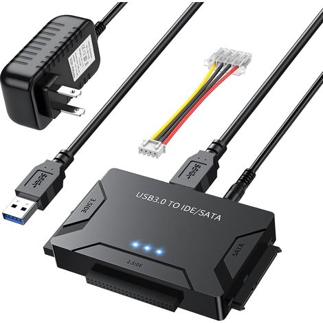 Adaptador USB 3.0 a IDE/SATA, disco duro externo, convertidor universal para HDD/SSD de 2,5/3,5 pulgadas, adaptador de corriente de 12 V/2 A (1/5)
