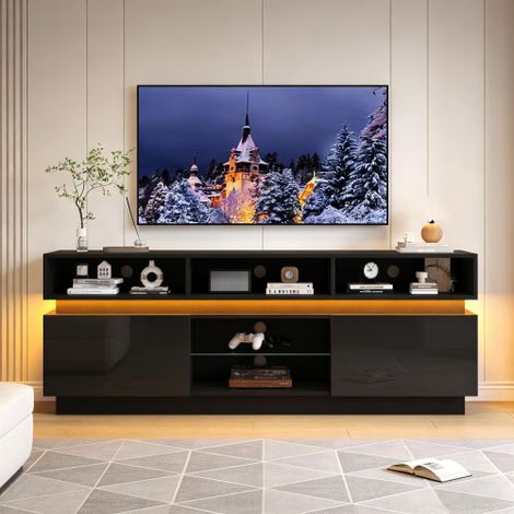 Meuble TV 160x35x60cm avec éclairage LED - 2 portes et compartiments de rangement - Finition brillante - MDF - Noir
