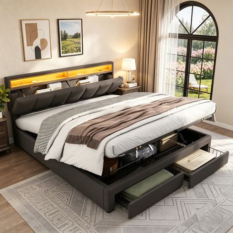 Lit rembourré 160 x 200 cm avec éclairage LED, lit coffre avec sommier à Lattes, Lit capitonné avec grand espace de rangement hydraulique et 2 Tiroirs, Cadre de lits, pour Adulte Adolescent, Lin gris (1/5)