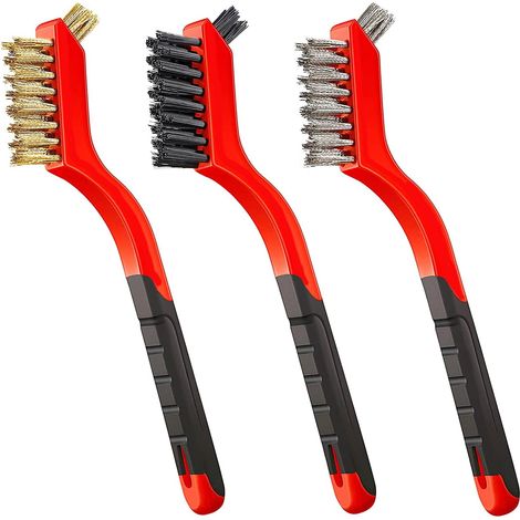 Brosse Métallique - Ensemble de 3 Brosses à Poils en Nylon / Laiton / Acier Inoxydable - Manche Courbé Ergonomique - Pour Nettoyage Profond de Rouille, Saleté et Peinture - 3 Pièces (1/5)