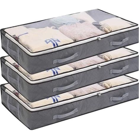 BelleRise - Lot de 3 boîtes de rangement sous le lit, sacs à vêtements pliables de 75 L avec poignée à fenêtre transparente (1/4)