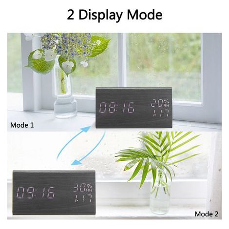 Sveglia digitale a LED in legno con visualizzazione di ora/temperatura e luminosità regolabile. (1/5)