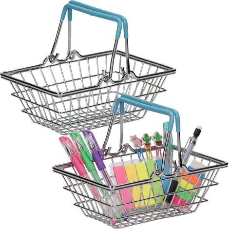 Lot de 2 mini paniers de courses en métal avec poignées, panier de rangement, multi-usages, organisateur de bureau, porte-maquillage, panier à collations, vide-poches, organisateur, boîte à (1/5)