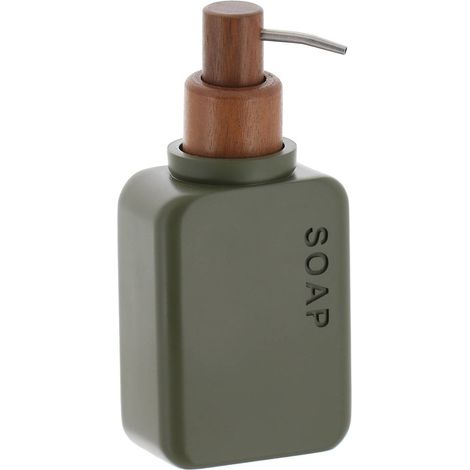 Dispenser di sapone in poliresina con pompa in legno d'acacia 300 ml - verde oliva - Tendance