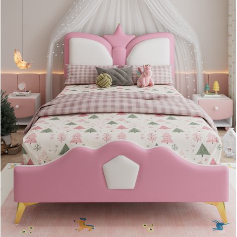 DESVIAE Lit enfant capitonné avec tête de lit couronne rose et blanc 90 x 200 cm structure en polyuréthane fer mousse pour chambre de princesse (1/4)
