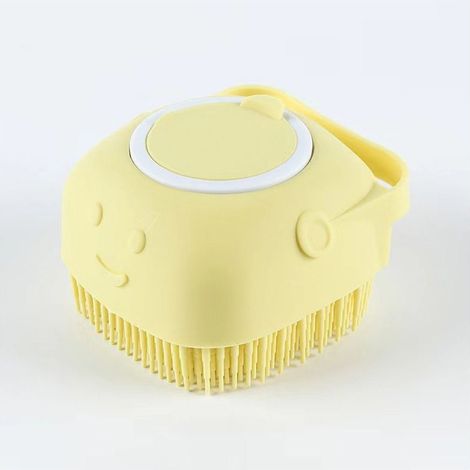 Brosse de bain démêlante en silicone pour chiens à poils courts et longs, accessoire de toilettage de massage et nettoyage rapide avec réservoir et distributeur d'eau et de shampoing jaune (1/5)