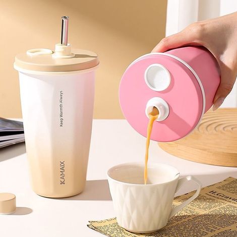 Tasse Thermique 600 ml - Acier Inoxydable 304 - Double Paroi Sous Vide - Compatible Support Tasse Voiture - Avec Paille Magnétique - 1 Pièce