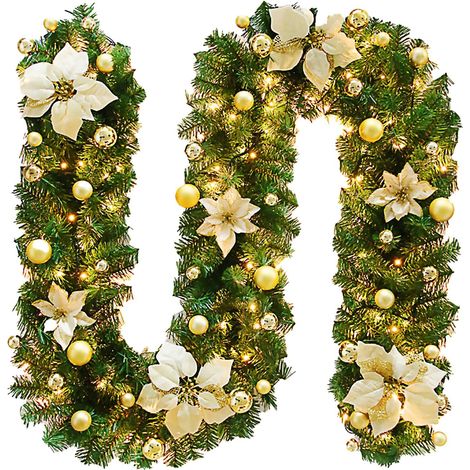 GROOFOO Guirlande de Noël, 270cm Guirlande Sapin Artificiel avec lumières, Guirlande Sapin Artificiel,Couronne de noël, cheminée, Portes, fenêtres, escaliers(Or)