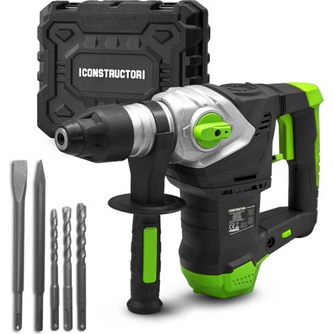 Marteau perforateur 1500W – 6 joules – Vitesse variable – Pour béton armé et pierre – Coffret avec 3 mèches et burins – Constructor