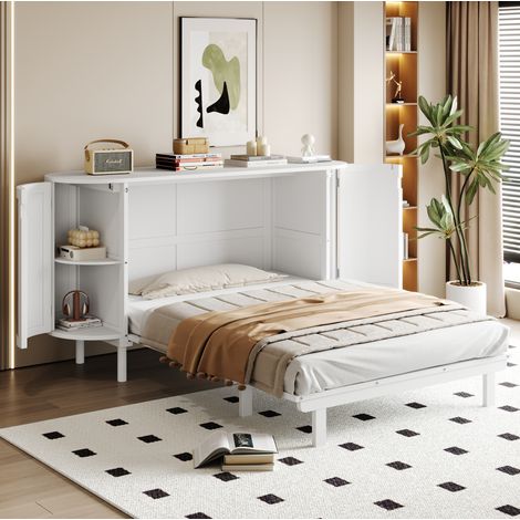 Letto a scomparsa in legno bianco 140x200 cm con rete a doghe, vani contenitore e design effetto rattan