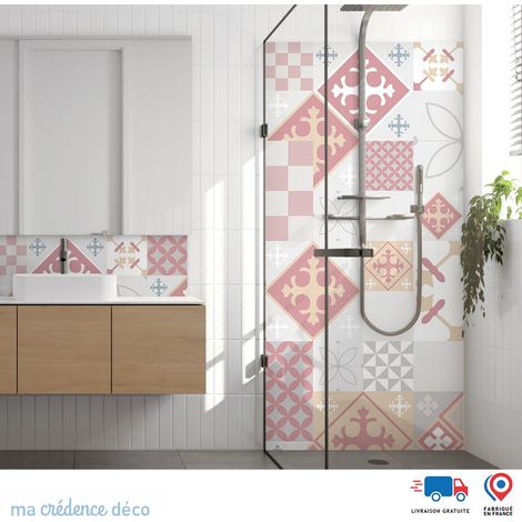 Panneau de douche : Carreaux ciment patchwork 3 - Couleur Rouge pâle - Alu composite - 90 - 245 (1/3)