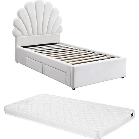 Lit coquillage 90 x 190 cm avec 2 tiroirs - Velours - Blanc + Matelas - MOANA (1/5)