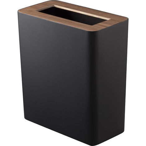 Corbeille à Papier Moderne, 10 L, en acier - couvercle en bois, Poubelle Bureau en rectangulaire - 28 x 15 x 30 cm, design japonais, noir (1/5)