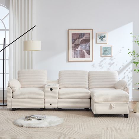 Grand canapé en velours côtelé avec mousse confortable, console centrale amovible (2 porte-gobelets et rangement), port USB-C, poche latérale, tiroir de rangement et ottoman avec coffre mobile (1/5)