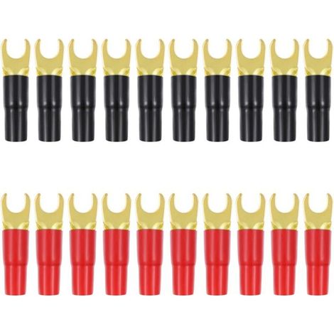 Lot de10 Paires Cuivre Or Plaqué Cosse Fourche Adaptateurs Haut- Parleur À Sertir Barrière Pique Connecteurs Bouchons (Rouge Et Noir) (1/5)