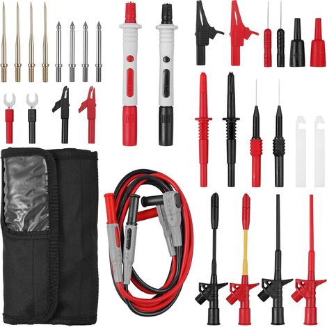 Kit Fils de Test Multimètre 26PCS Silicone avec Pointes Interchangeables Or, Aiguilles de Perçage Auto, Clips SMD et Pinces Crocodile Pour Électriciens, PCB, Automobile avec Sac (1/5)