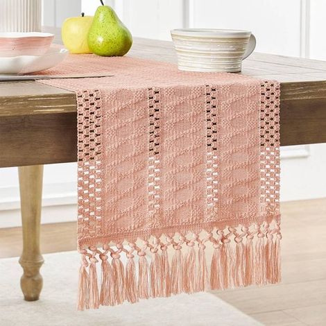 Camino de mesa bohemio de algodón y lino, 30 x 120 cm, Mantel de lujo con borlas, Rosa (1/5)