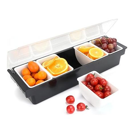 Distributeur de condiments à 5 compartiments Bar à fruits grilles bac à ingrédients Boîte à garnitures ingrédients ABS (1/5)