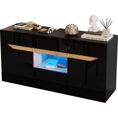 Sideboard Schwarz Holz 140 cm Wohnzimmeranrichte Hochglanz Kommode mit LED Beleuchtung App-Steuerung 4 Schubladen 2 Türen Modernes Design