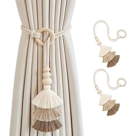 Embrasses de rideaux à pompons, style bohème, 2 embrasses de rideaux faites à la main avec anneau en bois, décoration murale, support de rideau, fenêtre de chambre. (1/5)