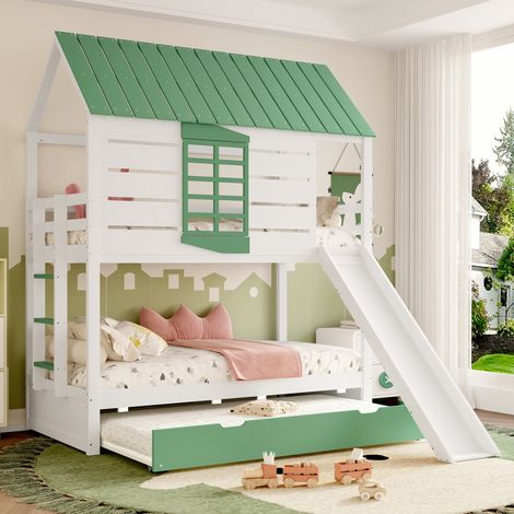 Kinder-Hochbett 90x200 cm aus MDF und Kiefer, Weiß/Grün, mit Rutsche – MEUBLIV (1/5)