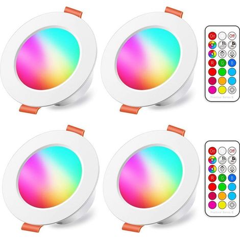 Spots LED Encastré 8W (équivalent 60W) Découpe 68-85mm, Couleur RGB Changement Variation Coloré RGBW IP44 Blanc froid 5700K Rond Encastrables par Télécommande (lot de 4) (1/5)