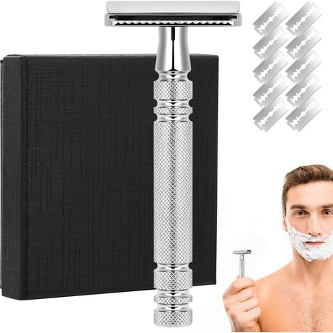 Men's Shaver, Metal Shaver with 10 Replacement Swedish Stainless Steel Blades for a Clean and Smooth Shave, Durable and Easy to Use (Silver) (1/5)