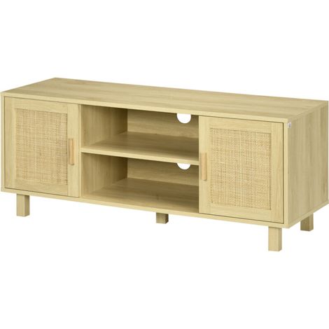 Meuble TV Meuble TV Banc TV 2 niches 2 placards Porte cannage en rotin dim. 115L x 40l x 48H cm MDF Aspect Bois Clair (1/5)