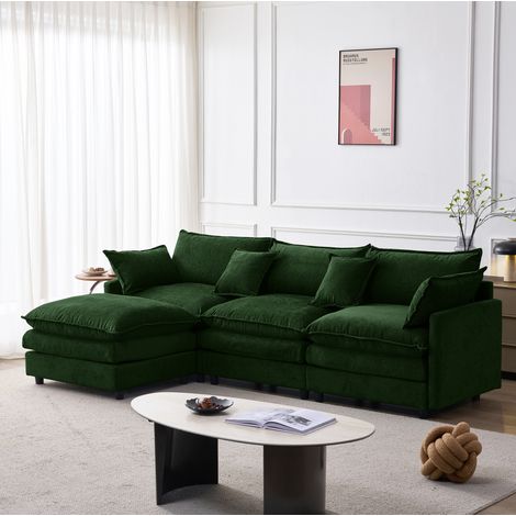 Canapé d’angle 3 places en chenille verte avec hocker modulable et coussins déhoussables (1/5)