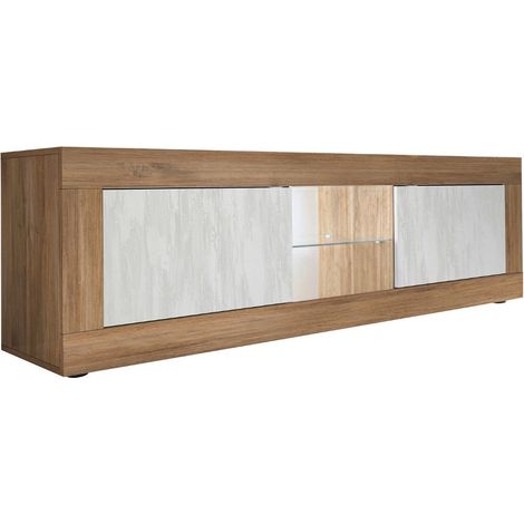 Meuble TV 2 Portes 2 Niches aspect bois finition Mercure façades blanc texturées avec Leds - OTELLO (1/5)