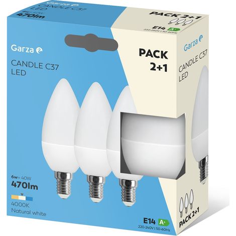 Bombilla LED vela 6W casquillo E14 220º 470 lumenes, Luz neutra Pack 2+1