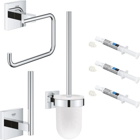 Pack accesorios de baño GROHE Start Cube con portaescobillas + portarrollos + dispensador de papel + 3 colas GROHE QuickGlue