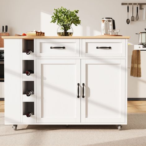 Îlot de cuisine, chariot de cuisine équipé d'une multiprise, meuble de cuisine, chariot de service amovible avec casier à vin, buffet, chariot de service à effet bois, buffet, blanc