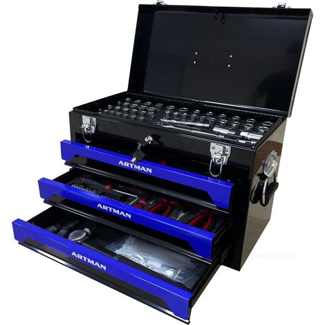 Caja de herramientas de acero 50 cm con 3 cajones y cierre metálico, negro y azul (1/5)