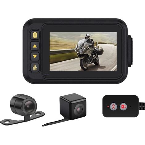 Dash cam per moto, risoluzione HD 720P, doppia telecamera anteriore e posteriore, angolo di visione di 120°, schermo da 3 pollici, telecomando cablato. (1/5)