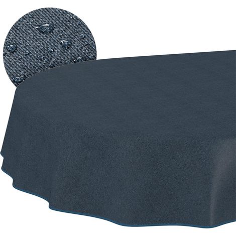 Nappe enduite Bleu foncé Aspect Lin avec Ourlet Ovale 240x140 cm (1/5)