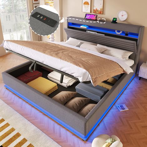 Lit gris en lin avec sommier capitonné, 180x200 cm, équipé d’un port USB-C, d’un éclairage LED, d’un coffre de rangement hydraulique, d’un compartiment à ouverture basculante, sans matelas, télécomman (1/4)