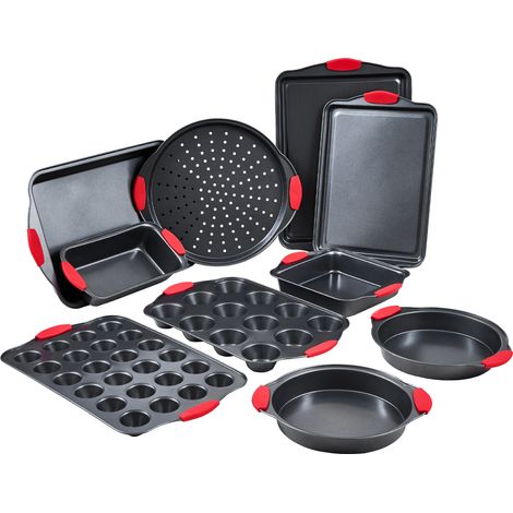 Mophorn Backformen-Set – 10-teilig, antihaftbeschichteter Karbonstahl, stapelbares Ofengeschirr mit Silikongriffen, ideal für verschiedene Backvorgänge, leicht zu reinigen und aufzubewahren (1/5)